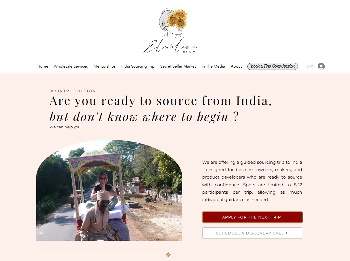 Elevation by Kim — India Sourcing Trip Landing Page screenshot